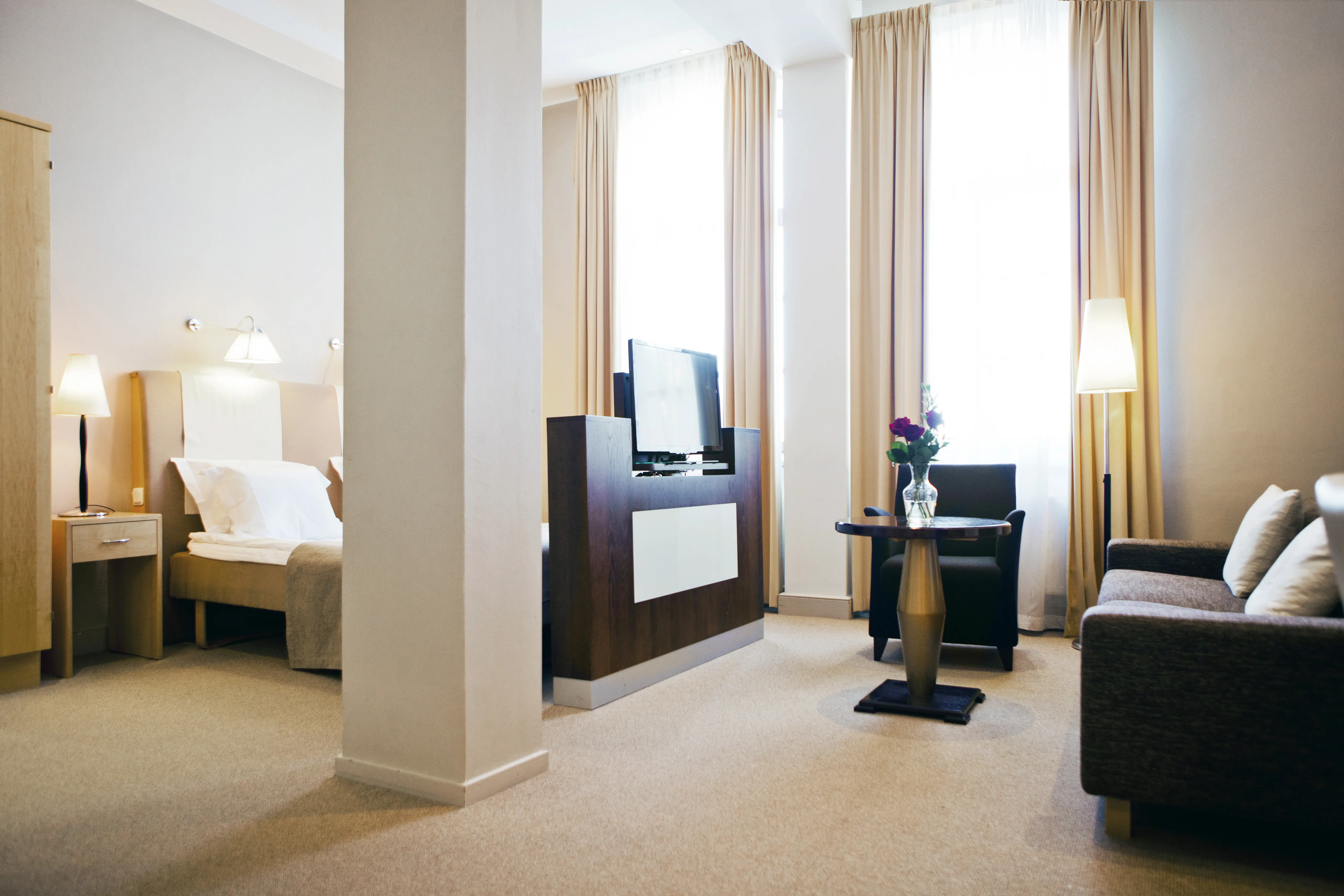 Double bed, sofa, TV and window