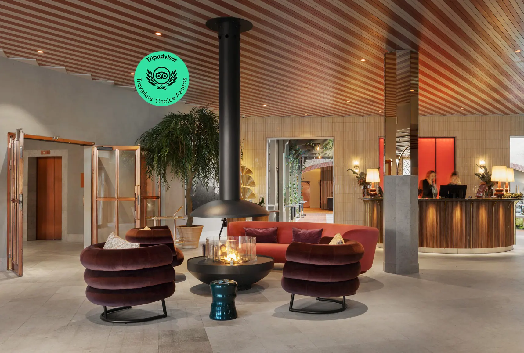Outdoor seating with dining groups, fountains and plants