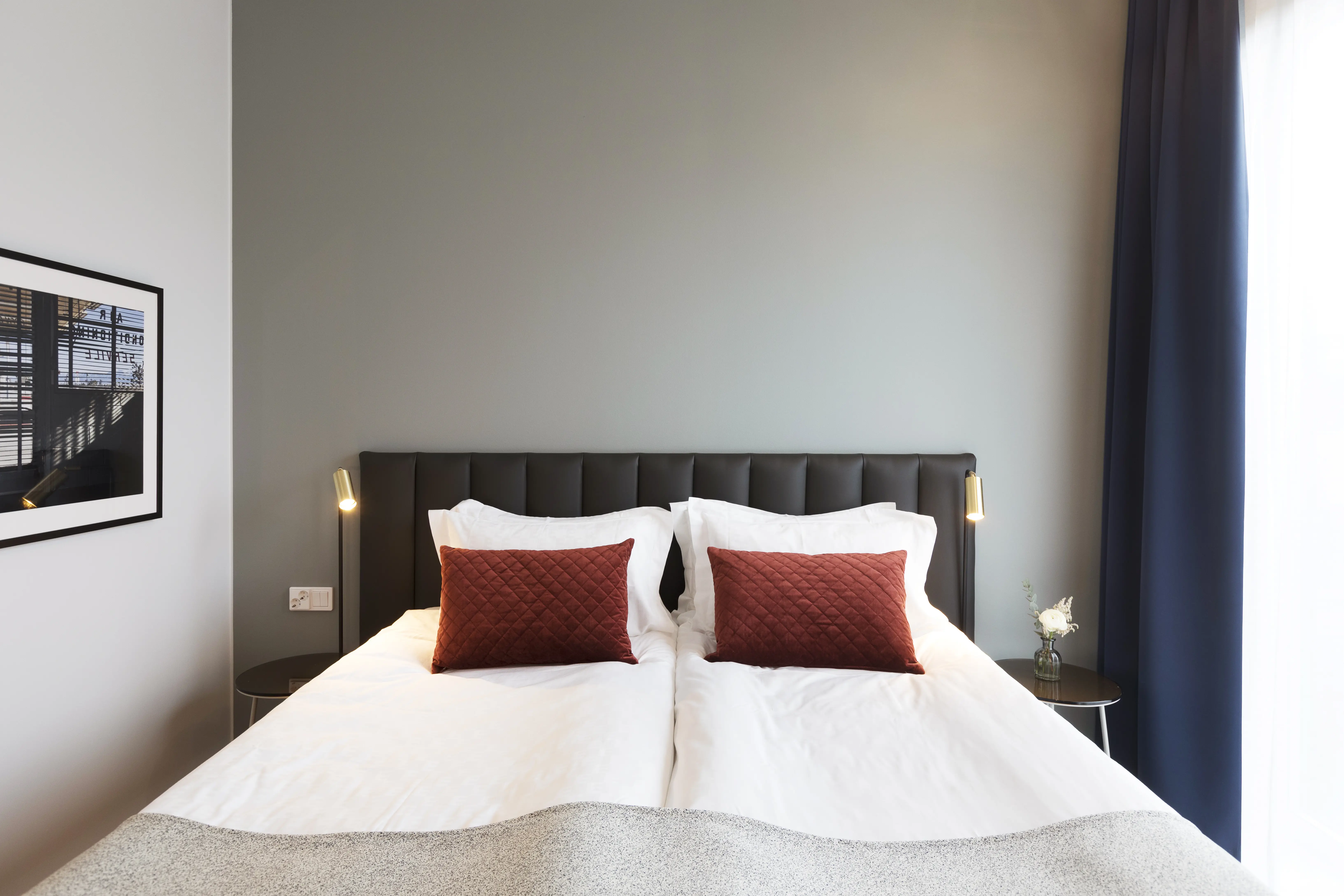 Bright hotel room with bed, dark headboard and small bedside lamps